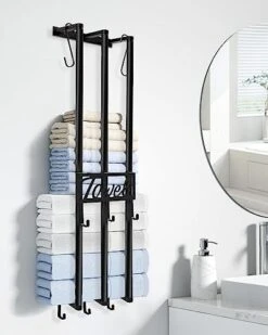 Yoeug Towel Racks For Bathroom Wall Mounted 3 Bars Towel Holder With 5 Hooks Strong Steel Towel Storage Waterproof For Kitchen Living Room Closet Bathroom Black