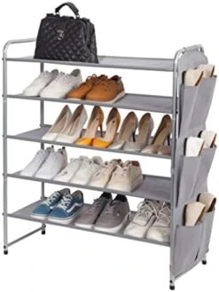 STORAGE MANIAC 5 Tier Shoe Rack With 6 Side Pockets, 23-Pairs Metal Shoes Organizer Free Standing Compact Shoe Storage Organizer Shoe Shelf For Closet Bedroom Entryway Hallway, Grey -Songmics Furniture Shop 41UvorhRnBL. AC