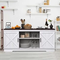 YITAHOME Buffet Cabinet, 59.5“ Farmhouse Sideboard Buffet Storage Cabinet With Barn Door Coffee Bar Cabinet With Capacity 300 Lbs For Home Dinning Living Room, Grey White/Espresso, 26“ Height