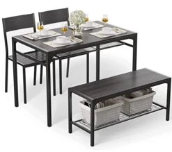 Gizoon Kitchen Table And 2 Chairs For 4 With Bench, 4 Piece Dining Table Set For Small Space, Apartment, Black