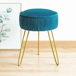Modern Velvet Round Footstool Ottoman, Peacock Blue Velvet Ottoman Vanity Stool Foot Rest With Gold Legs, Upholstered Pleated Vanity Chair Ottoman, Makeup Stools For Vanity, Footrest For Living Room -Songmics Furniture Shop 41VNqbInu5L. AC