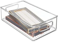 MDesign Large Plastic Office Storage Organizer Container Bin With Handles - Basket For Cabinet, Cupboard, Desk, Closet And Shelf Organization - Holds Notebook, Books, Files, Ligne Collection - Clear -Songmics Furniture Shop 41VT1lpJqyL. AC