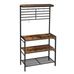 HOOBRO Bakers Rack, Microwave Stand, Kitchen Storage Shelf Rack With Hooks, Coffee Bar, 4 Shelves And Mesh Panel, Adjustable Feet, For Kitchen, Living Room, Coffee Station, Rustic Brown BF01HB01