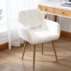 SSLine Faux Fur Vanity Chair Elegant White Furry Makeup Desk Chairs For Girls Women Modern Comfy Fluffy Arm Chair With Wood Look Metal Legs In Bedroom Living Room