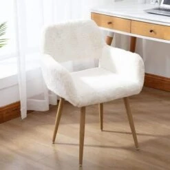 SSLine Faux Fur Vanity Chair Elegant White Furry Makeup Desk Chairs For Girls Women Modern Comfy Fluffy Arm Chair With Wood Look Metal Legs In Bedroom Living Room -Songmics Furniture Shop 41VaKdnJdFL. AC