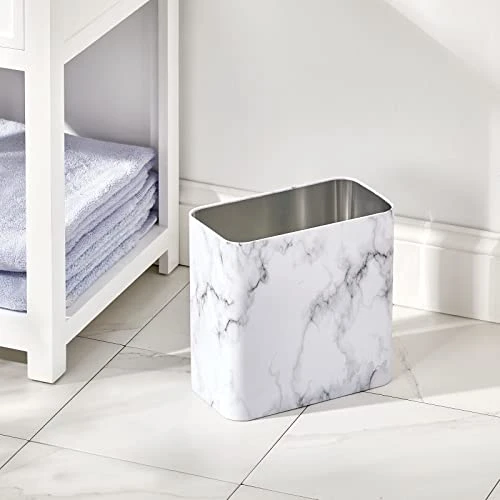 MDesign Small Rectangular Steel Trash Can, Narrow Wastebasket, Slim Garbage Container Bin, 2.4 Gallon For Bathroom, Bedroom, Kitchen, Home Office, Dorm, Recycling Waste Basket - Marble Print, Pack Of 1 2 MDesign Small Rectangular Steel Trash Can, Narrow Wastebasket, Slim Garbage Container Bin, 2.4 Gallon For Bathroom, Bedroom, Kitchen, Home Office, Dorm, Recycling Waste Basket - Marble Print, Pack Of 1 - Image 2