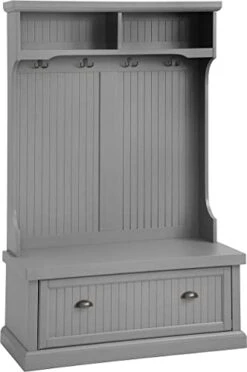 Crosley Furniture Seaside Hall Tree, Entryway Bench With Coat Rack And Shoe Cabinet, Distressed Gray