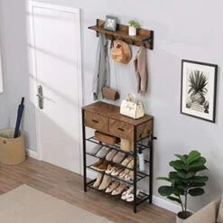 Bebeline Entryway 4-Tier Shoe Rack With Hall Tree, One Set Entryway Show Rack With Storage And Hooks