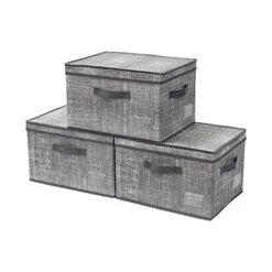 DOVAMY Fabric Storage Bins With Lids, Foldable Decorative Storage Boxes, Shelf Organizer For Closet, Storage Baskets, 15.7”L X 11.8”W X 9.8”H, Light Grey BDR0302