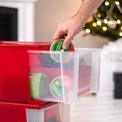 IRIS USA 17 Qt. Plastic Holiday Stackable Drawers, Medium, 4 Pack, Christmas Storage Bins For Ornaments, Decorations, Garlands, Wreath Decorative Cloths, Pinecones, Puppets, Red