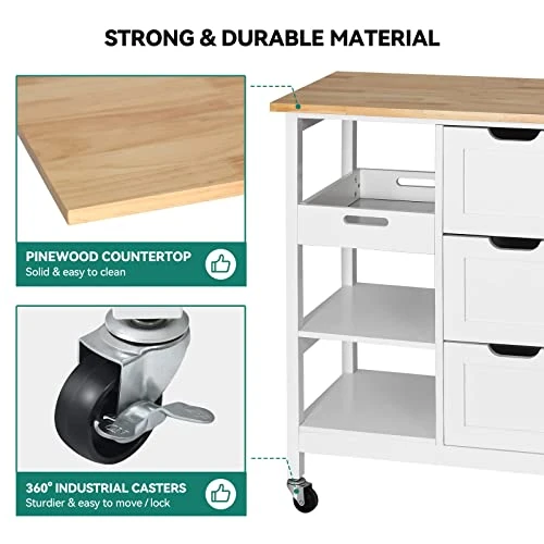 YITAHOME Kitchen Island Cart With Storage, Kitchen Cart For Home, Rolling Serving Utility Trolley Cart On Wheel With 3 Drawers And 3 Storage Shelves, Kitchen Serving Cart For Dining Room, Bar, White 4 YITAHOME Kitchen Island Cart With Storage, Kitchen Cart For Home, Rolling Serving Utility Trolley Cart On Wheel With 3 Drawers And 3 Storage Shelves, Kitchen Serving Cart For Dining Room, Bar, White - Image 4