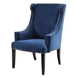 Madison Park Marcel Accent Chairs - Hardwood, Faux Velvet Living Room Chairs - Blue Navy, Classic Elegant Style Living Room Sofa Furniture - 1 Piece Swoop Wing Arm Bedroom Chairs Seats