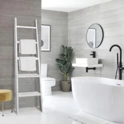 KIAYACI Ladder Shelf Rustic Vintage Blanket Ladder Decorative Wood Ladder Shelf For Living Room Bedroom Bathroom (Retro White, 63" X 22") -Songmics Furniture Shop 41WS9GhnukL