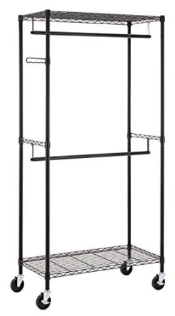Finnhomy Heavy Duty Rolling Garment Rack Clothes Rack With Double Hanger Rods And Shelves, Portable Closet Organizer With Wheels, 1'' Diameter Thicken Steel Tube Hold Up To 300Lbs, Black