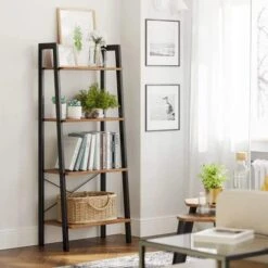 COHOSO 4-Tier Ladder Shelf Ladder Bookshelf Bookcase Storage Rack Shelves Rustic Brown And Black