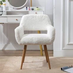 SSLine Faux Fur Vanity Chair Elegant White Furry Makeup Desk Chairs For Girls Women Modern Comfy Fluffy Arm Chair With Wood Look Metal Legs In Bedroom Living Room -Songmics Furniture Shop 41WilogcU5L