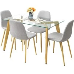 Bacyion Glass Dining Table Set For 4-5 Pieces Dining Room Table Set, Rectangle Kitchen Table With 4 Grey Fabric Dining Chairs, Modern Table & Chair Set For Dining Room, Kitchen, Dinette, Small Space