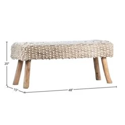 GENERIC 48-inch Long Handwoven Natural Wool And Eucalyptus Wood Bench Brown Beach Bohemian Eclectic Fabric Upholstered Finish