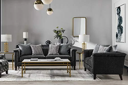 Acanva Luxury Tuxedo Velvet Channel Tufted Key Arm Living Room Sofa, 2 Piece Set, Grey 1 Acanva Luxury Tuxedo Velvet Channel Tufted Key Arm Living Room Sofa, 2 Piece Set, Grey