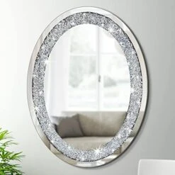 DMDFIRST Crystal Crushed Diamond Oval Shaped Silver Mirror Glam Bling For Wall Decoration 24x32x0.9inch Frameless Wall Hang Sparkly Glass Mirror Stunning Stylish Fashion Home Decor Decorative Mirror