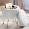 GREENSTELL Vanity Stool Chair Faux Fur With Storage, 15.75”W X 19.29’’H Round Soft Ottoman With 4 Metal Legs, Furry Padded Seat, Modern Multifunctional Makeup Stool For Bedroom Living Room, White