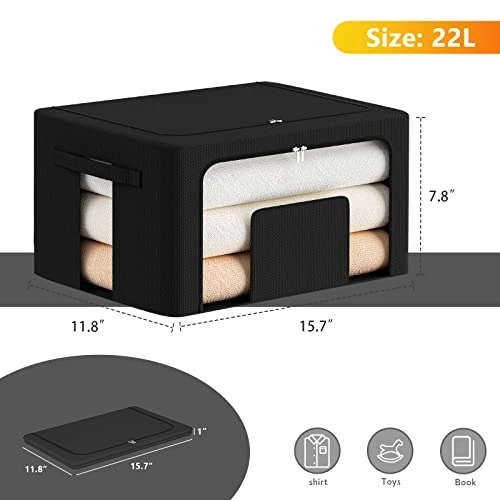 FAikhom 3 Pack Stackable Storage Bins- Foldable Metal Frame Storage Box Stackable Fabric Clothes Container Organizer With Clear Window & Carry Handles (22L, Black) 2 FAikhom 3 Pack Stackable Storage Bins- Foldable Metal Frame Storage Box Stackable Fabric Clothes Container Organizer With Clear Window & Carry Handles (22L, Black) - Image 2