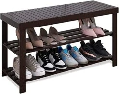 SMIBUY Bamboo Shoe Rack Bench, 3-Tier Shoe Organizer Storage Shelf For Entryway Hallway Bathroom Living Room (White) -Songmics Furniture Shop 41XLFCo8c2L. AC