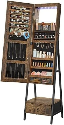 SONGMICS LED Cabinet Standing, Lockable Jewelry Armoire With Full-Length Mirror, Space-Saving Jewelry Organizer With Mirror, Bottom Drawer And Shelf, Gift Idea, Rustic Brown UJJC025X01 -Songmics Furniture Shop 41XcSKrvczL. AC