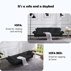 DHHU Futon, 83.4" Modern Convertible Velvet Sofas Bed With Adjustable Backrest And 2 Pillows-Perfect For Small Spaces And Versatile Use (Black) -Songmics Furniture Shop 41XhLo66J4L