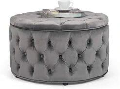 Homebeez Round Velvet Storage Ottoman, Button Tufted Footrest Stool Coffee Table For Living Room (Grey) -Songmics Furniture Shop 41XjFTWJkVL. AC