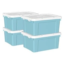 Cetomo 35L*4 Plastic Storage Box, Tote Box,Organizing Container With Durable Lid And Secure Latching Buckles, Stackable And Nestable, 4Pack, Blue With Buckle