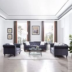 3-Piece Velvet Upholstered Living Room Furniture Set, Including 3-Seater Sofa, Loveseat And Single Sofa Chair With Button And Copper Nail On Arms And Back, Five White Villose Pillows Included, Blue -Songmics Furniture Shop 41XqwBUF oL. AC