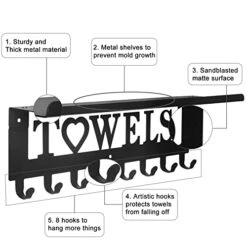 Towel Rack With Metal Shelf For Bathroom Wall Mounted Towel Holder With Hooks Towel Hanger Towel Storage Wall Decor For Bedroom, Living Room, Kitchen (8 Hooks, Black) -Songmics Furniture Shop 41XrbAPNv2L