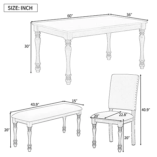 Merax 6-Piece Wood Rectangular Table Set With Turned Legs, 4 Upholstered Chairs And Bench For Dining Room, Grey+Beige_6pcs 7 Merax 6-Piece Wood Rectangular Table Set With Turned Legs, 4 Upholstered Chairs And Bench For Dining Room, Grey+Beige_6pcs - Image 7