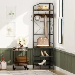 AWQM Corner Hall Tree With Bench And Shoe Storage Coat Rack Shoe Bench With 6 Double Hooks For Home Office Bedroom, Rustic Brown -Songmics Furniture Shop 41YBNYOlb9L