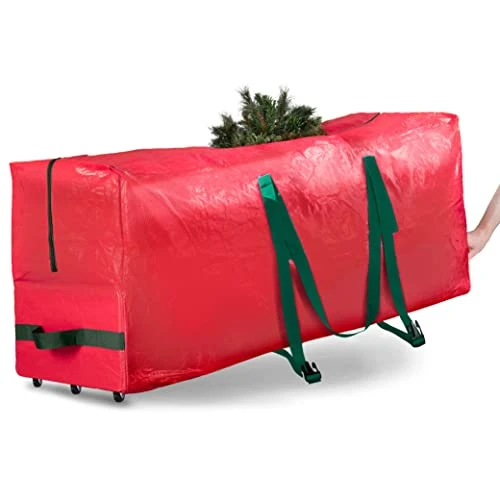 Zober Rolling Large Christmas Tree Storage Bag - Fits Artificial Disassembled Trees, Durable Handles & Wheels For Easy Carrying And Transport - Tear/Waterproof Polyethylene Plastic Duffle Bag (9 Ft., Red) 1 Zober Rolling Large Christmas Tree Storage Bag - Fits Artificial Disassembled Trees, Durable Handles & Wheels For Easy Carrying And Transport - Tear/Waterproof Polyethylene Plastic Duffle Bag (9 Ft., Red)