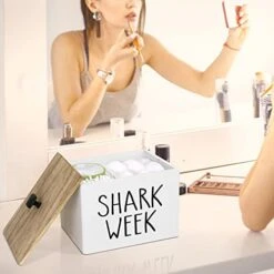 Tampon And Pad Holder Organizer For Bathroom, Decorative Bathroom Container With Lid, Bathroom Accessories Organizer Storage Box, Wood 3 Compartments Shark Week Tampon Storage With Removable Dividers -Songmics Furniture Shop 41YGgj7ba5L