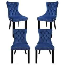 Fangflower Velvet Upholstered Kitchen & Dining Room Dining Chairs Set Of 4, Blue