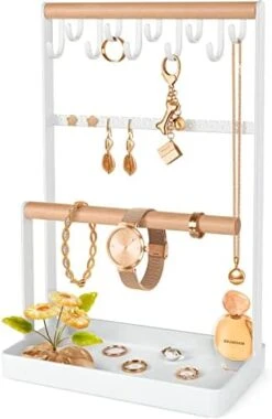 GEAMSAM Jewelry Organizer Necklace Holder, 4-Tier Earring Display Stand With 10 Hooks Ear Stud Holes, Bracelet Holder Bottom Ring Tray For Women Necklaces Earrings Watches Storage On Dresser -Songmics Furniture Shop 41YY80x c6L. AC