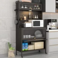 Kitchen Storage Rack, Microwave Stand With Flip Door And Pegboard, Large Kitchen Storage Shelves With Wheels & 8 Hooks, 5-Tier Free Standing Kitchen Bakers Rack For Garage Pantry Kitchen Home Black -Songmics Furniture Shop 41YbC xe4lL. AC