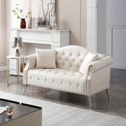 Homtique Sofa Set For Living Room 2 Piece, Modern Velvet Loveseat Sofa Set Upholstered Button Tufted Nailhead Trimming Rolled Arm And Metal Legs, Velvet Sofa Couch With 4 Pillows For Home (Beige) -Songmics Furniture Shop 41YhrkBlCLL. AC