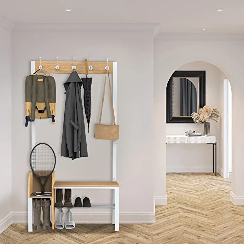 Entryway Coat Rack Shoe Bench, 4-in-1 Hall Tree Storage Bench, Organizer Entrance Storage Shelf Furniture With 5 Coat Hooks For Hallway Home Bedroom White 3 Entryway Coat Rack Shoe Bench, 4-in-1 Hall Tree Storage Bench, Organizer Entrance Storage Shelf Furniture With 5 Coat Hooks For Hallway Home Bedroom White - Image 3