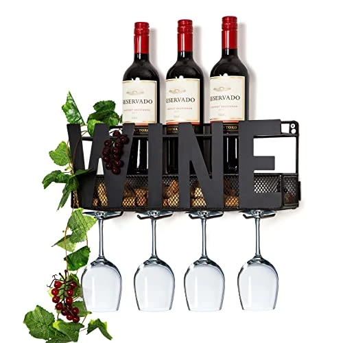 SODUKU Wall Mounted Metal Wine Rack 4 Long Stem Glass Holder & Wine Cork Storage Wine 3 SODUKU Wall Mounted Metal Wine Rack 4 Long Stem Glass Holder & Wine Cork Storage Wine - Image 3