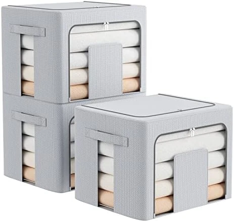 FAikhom 3 Pack Stackable Storage Bins- Foldable Metal Frame Storage Box Stackable Fabric Clothes Container Organizer With Clear Window & Carry Handles (22L, Black) 11 FAikhom 3 Pack Stackable Storage Bins- Foldable Metal Frame Storage Box Stackable Fabric Clothes Container Organizer With Clear Window & Carry Handles (22L, Black) - Image 11