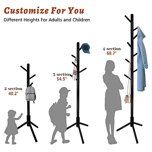 DOHANG Wooden Coat Rack With 8 Hooks, 3 Adjustable Size, Easy To Asseemble, Free Standing Coat Tree Hanger Stand For Coats, Garment, Hats, Umbrellas, Scarves In Hallway, Office, Bedroom, Black 2 DOHANG Wooden Coat Rack With 8 Hooks, 3 Adjustable Size, Easy To Asseemble, Free Standing Coat Tree Hanger Stand For Coats, Garment, Hats, Umbrellas, Scarves In Hallway, Office, Bedroom, Black - Image 2