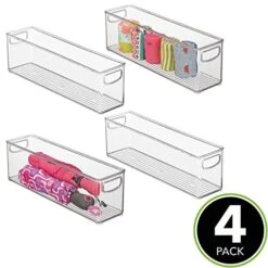 MDesign Plastic Home Closet Organizer - Basket Storage Holder Bin With Handles For Bedroom, Bathroom, Cabinet Shelves, Entryway, And Hallway - Holds Sweaters, Purses - Ligne Collection - 4 Pack, Clear