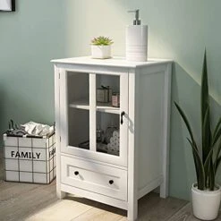 RASOO Kicthen Storage Cabinet White Modern Glass Door With Shelf And Drawer Sideboard Buffet Cabinet Entryway Cabinet, 22.05" X 14.37" X 31.7"H -Songmics Furniture Shop 41ZZwbcAsWS