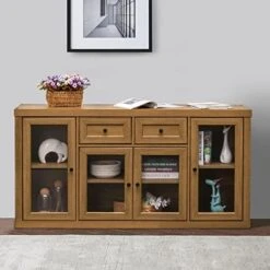 Furduzz Kitchen Sideboard 52” Buffet Cabinet With Glass Doors, 3 Drawers And Display Shelves,Wooden Coffee Bar Cupboard Server Console Table Floor Cabinet For Home Dining Room Living Room Storage,Gray -Songmics Furniture Shop 41ZbTDsSwvL. AC