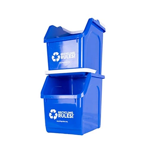 Recycling Rules! 6 Gallon Stackable Recycling Bin Container In Blue, Eco-Friendly BPA-Free Handy Recycler With Handle, 2-Pack 1 Recycling Rules! 6 Gallon Stackable Recycling Bin Container In Blue, Eco-Friendly BPA-Free Handy Recycler With Handle, 2-Pack