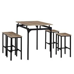 HOMCOM 5 Piece Modern Dining Table And 4 Stools Industrial Dining Set With Footrest & Metal Legs, For Kitchen, Natural